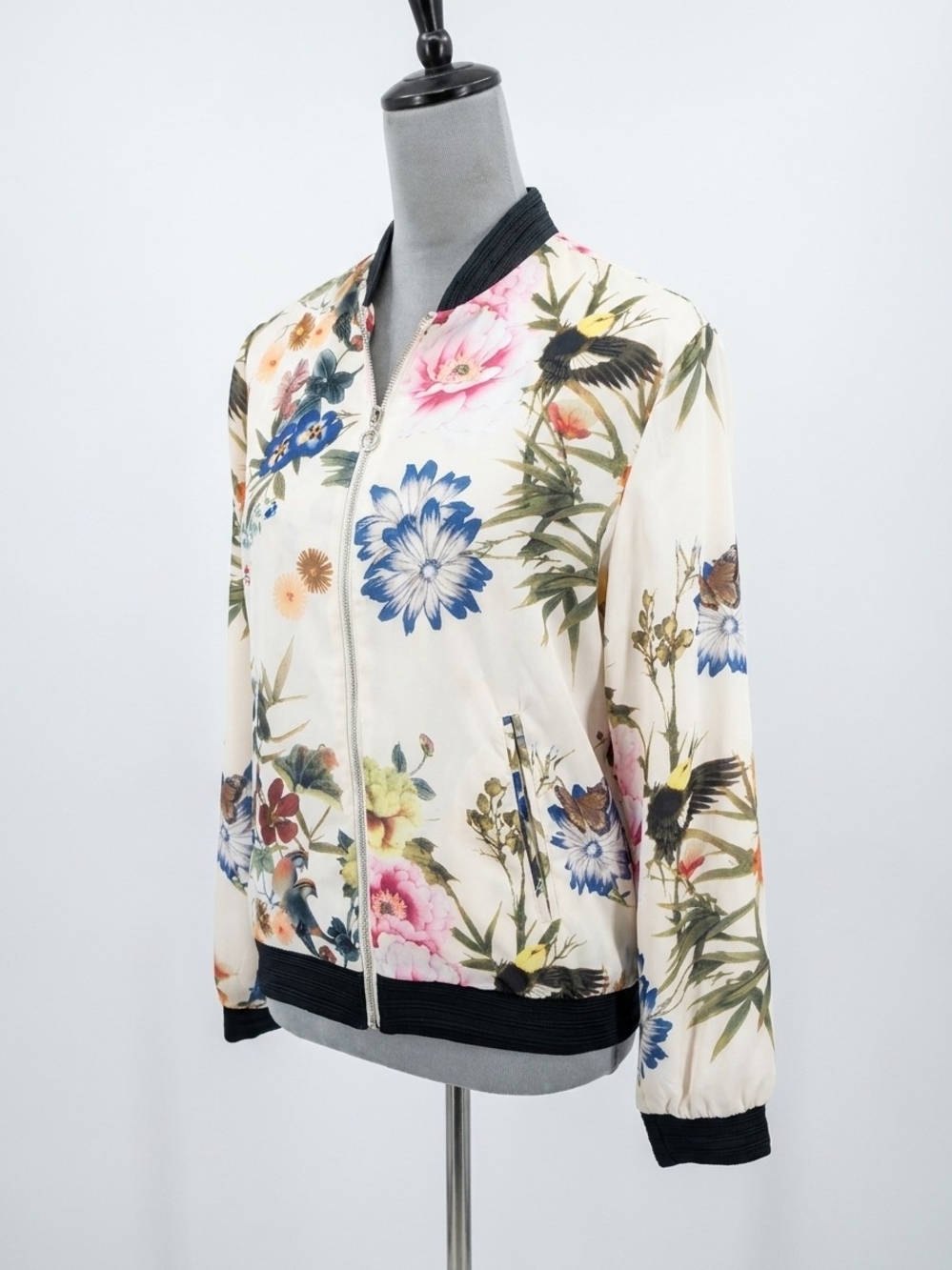 bagatelle Ivory Floral Bomber Jacket with Black Trim